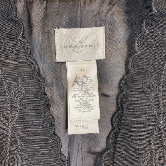 Emma James Blazer Womens 14 Black Embroidered Linen Button Up Lined V Neck NWT - Picture 3 of 13